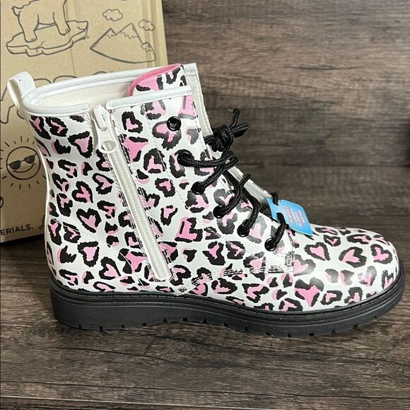 Skechers Big Girls Size 5 White & Pink Leopard Print Zip & Lace Up Moto Boot NEW - Picture 2 of 9